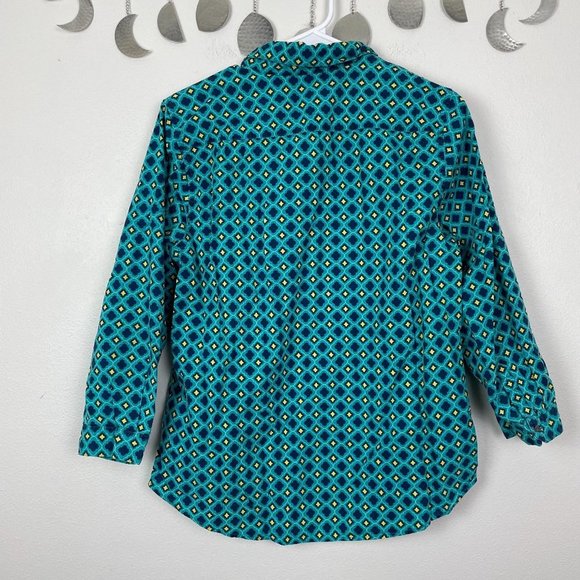 Lands' End Geometric Tile Pattern Button Up Top Workwear Office Blue Teal - Picture 6 of 6